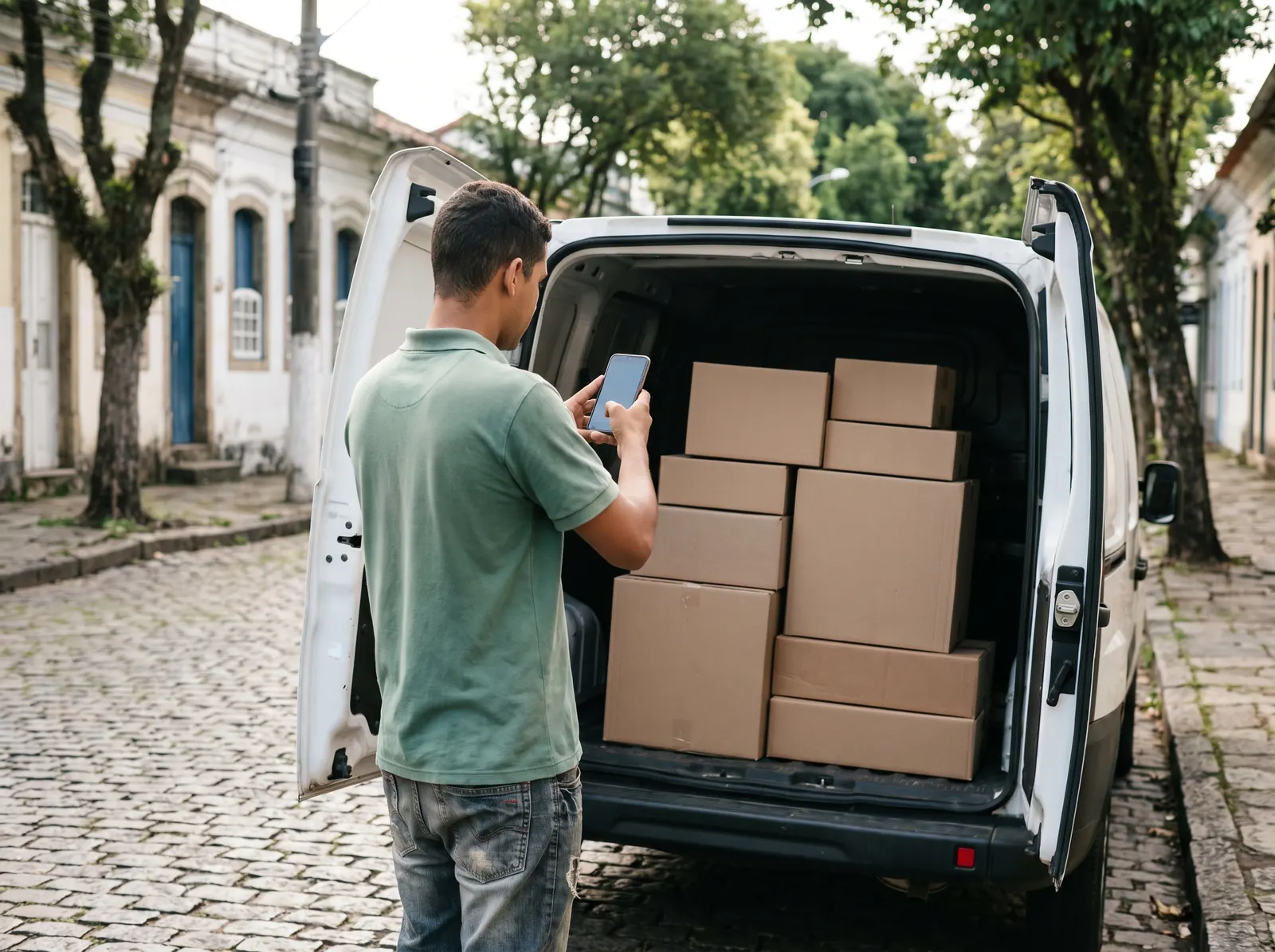 Motorista fotografa com o celular as caixas empilhadas na traseira da van, antes de descarregar