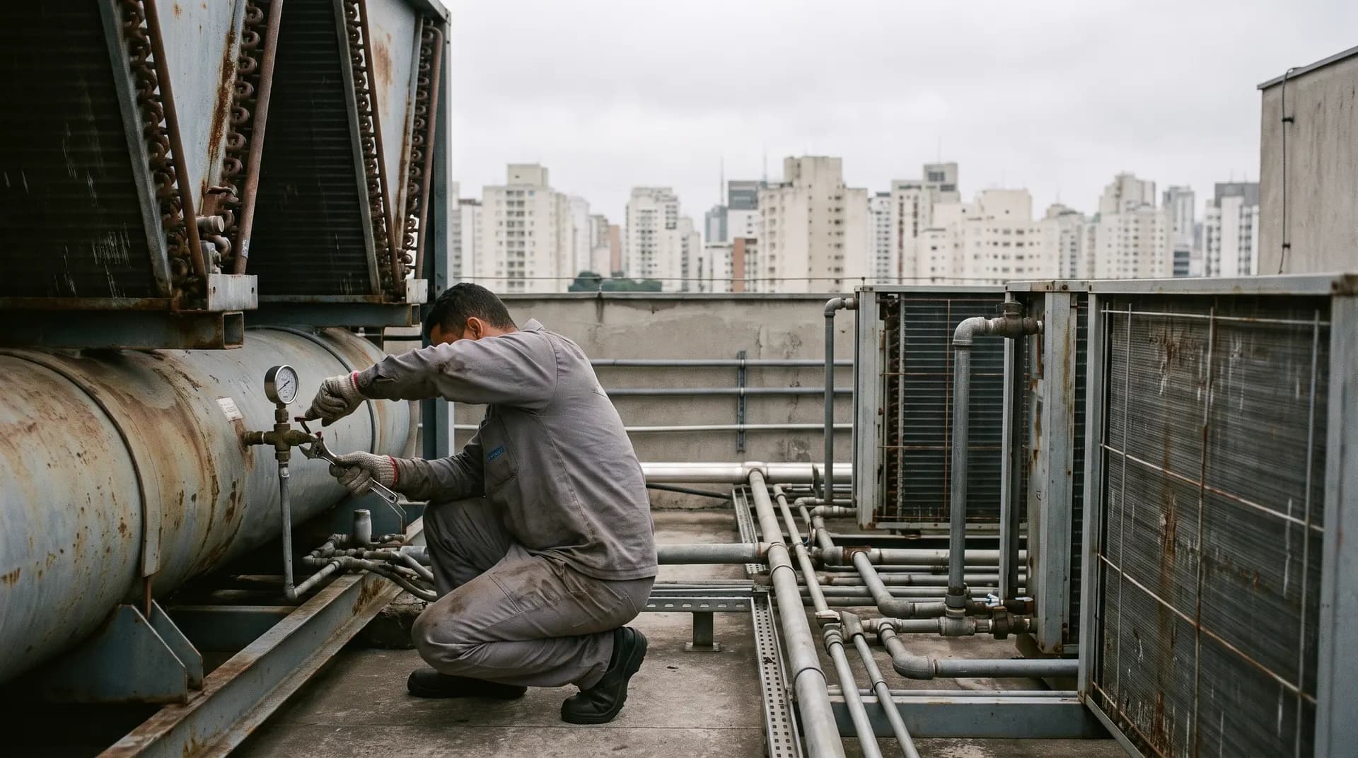 Técnico ajoelhado junto à tubulação de um chiller no telhado, com a cidade ao fundo