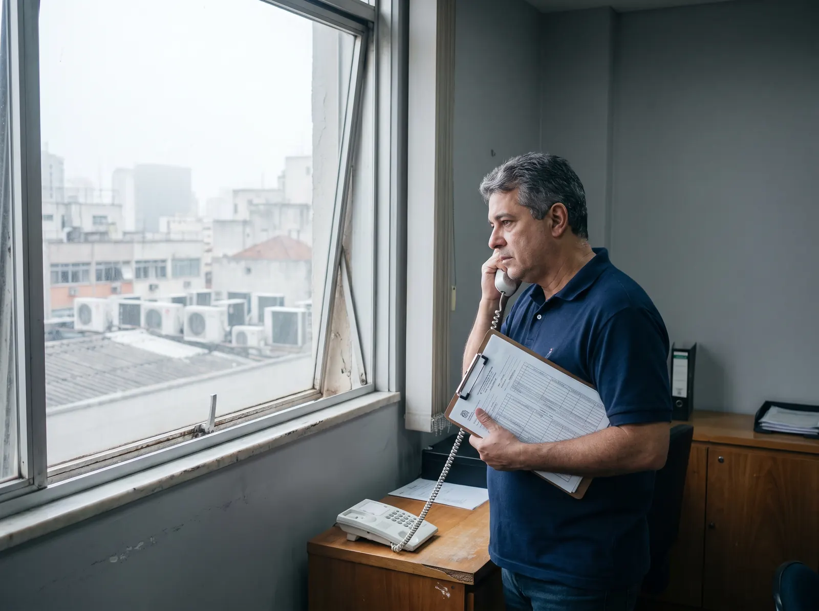 Despachante fala ao telefone segurando a prancheta com a ordem de serviço, junto à janela