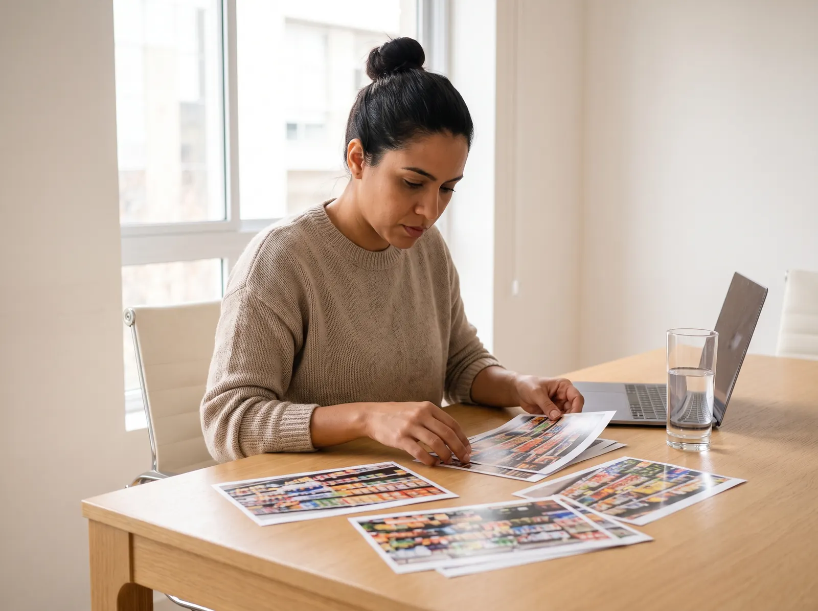 Coordenadora de trade marketing organiza a semana na mesa, com o notebook e as fotos impressas das lojas
