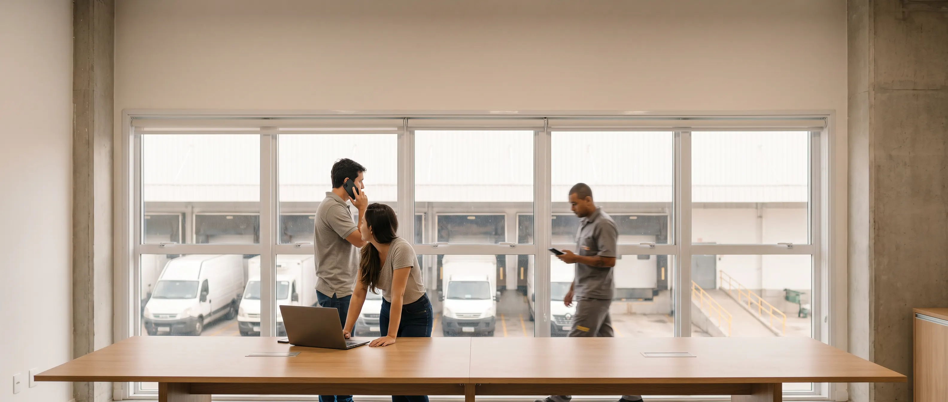 Sala de operações com janela para as docas: duas pessoas à mesa com o notebook, e um técnico de uniforme passando com o celular na mão