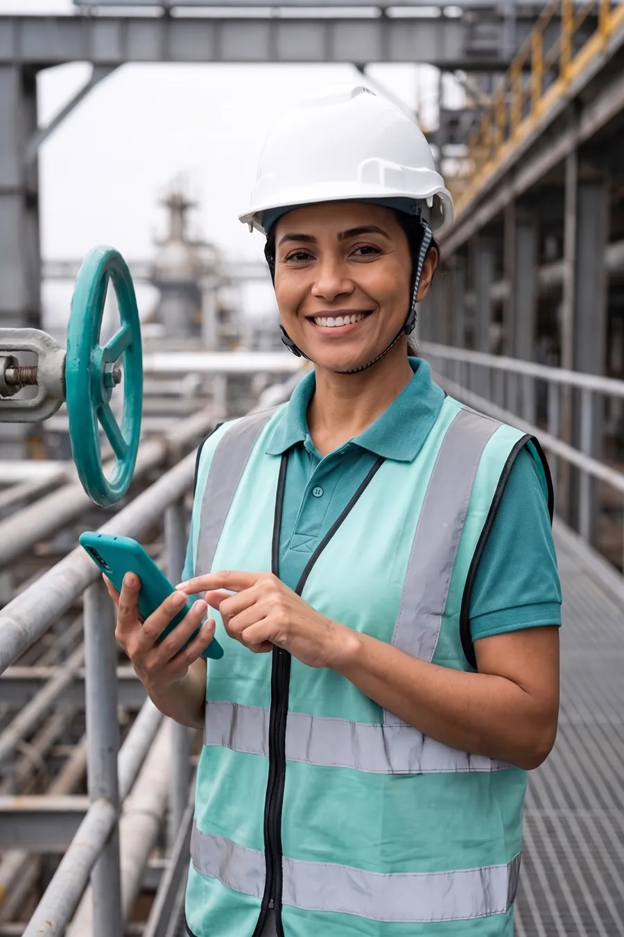 Inspetora de capacete e colete sorri na passarela da planta industrial, com o celular na mão