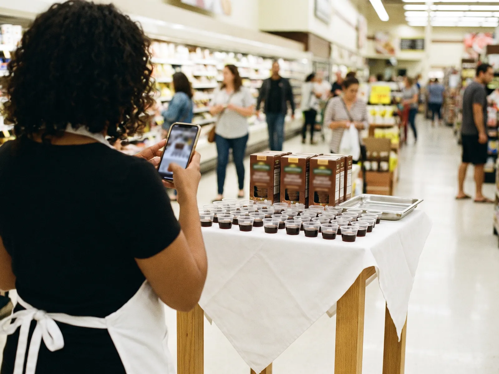 Demonstradora fotografa com o celular a mesa de degustação que acabou de montar no corredor do supermercado