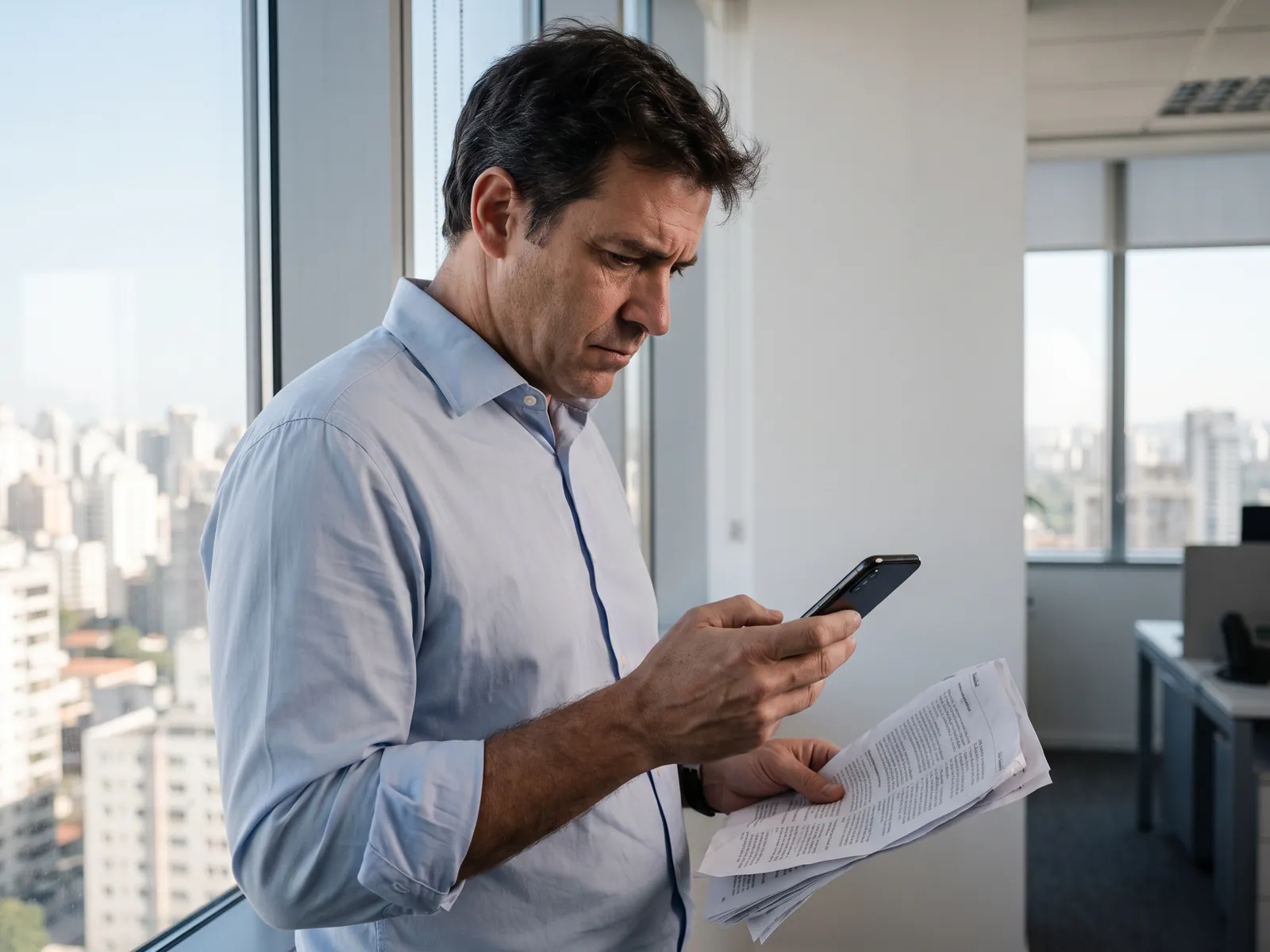 Gerente de operações lê no celular o pedido que chegou para ele, com a cópia impressa na outra mão, junto à janela do escritório