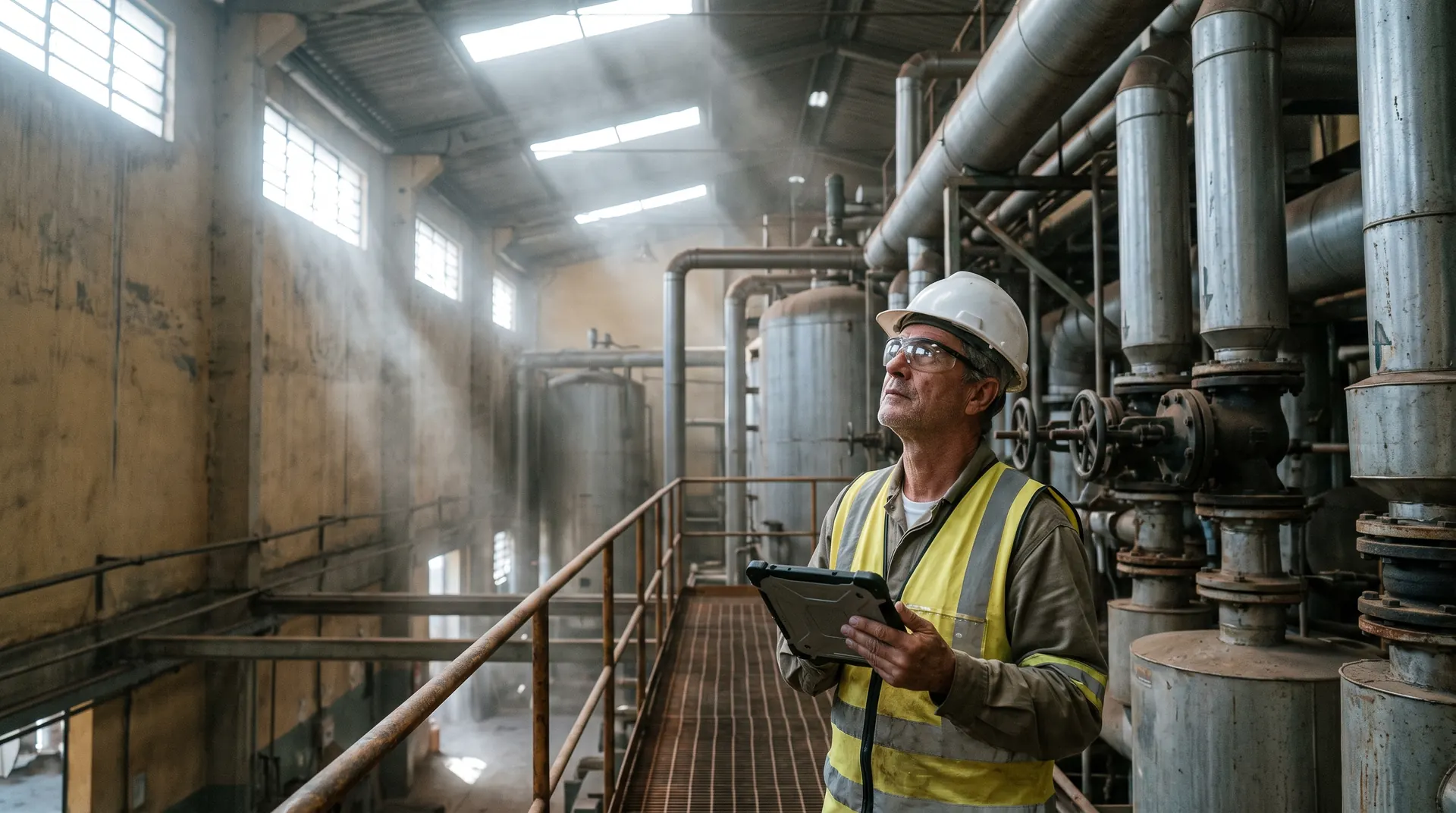 Inspetor de capacete e colete avalia a planta industrial com o tablet na mão, entre tubulações e feixes de luz