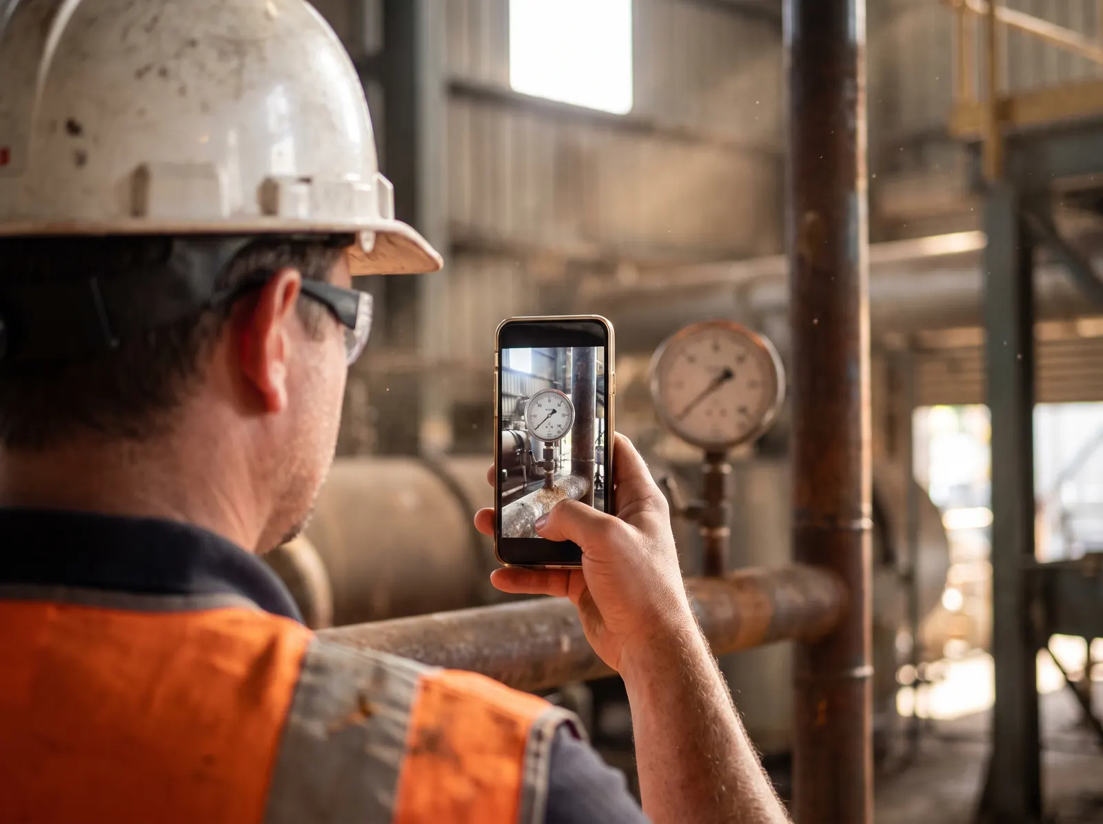 Inspetor de capacete fotografa com o celular o manômetro de uma tubulação da planta