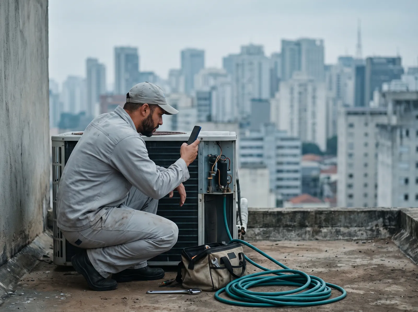 Técnico agachado diante de uma condensadora aberta no telhado, fotografando os componentes com o celular
