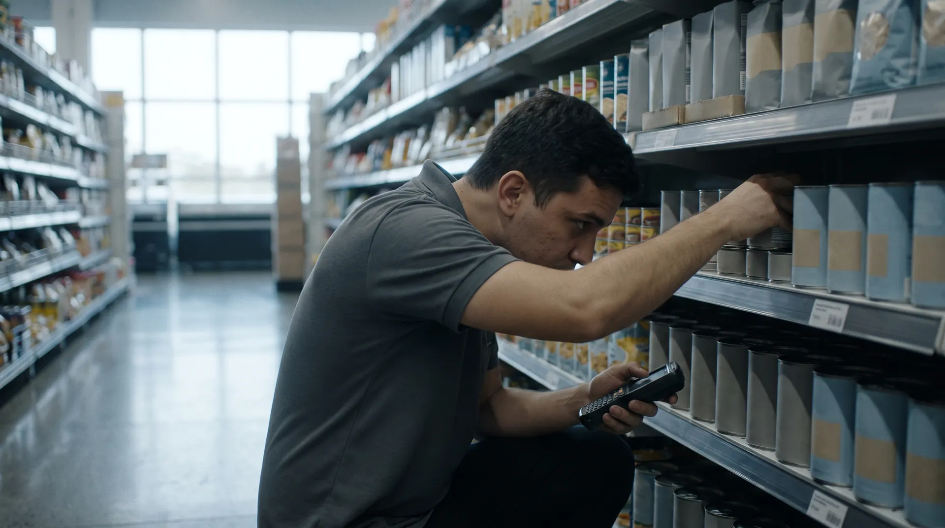Promotor confere a prateleira com o celular na mão, no corredor do supermercado